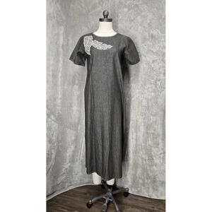 Linda G Honolulu Maxi Dress XXS Gray Cotton‎ Casual Hawaiian Leaf Applique